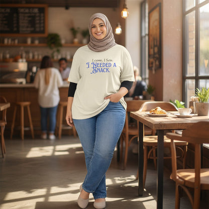 Jena Jewelry cream cotton tee with blue text that reads "I came. I saw. I needed a snack."