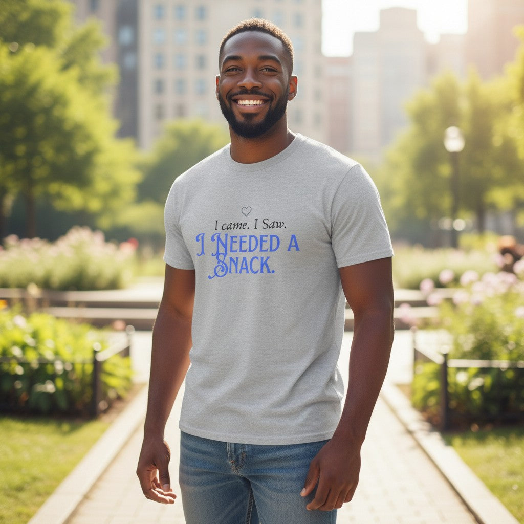 Jena Jewelry heather grey 100% cotton t-shirt with blue text that reads "I came. I saw. I Needed a Snack."
