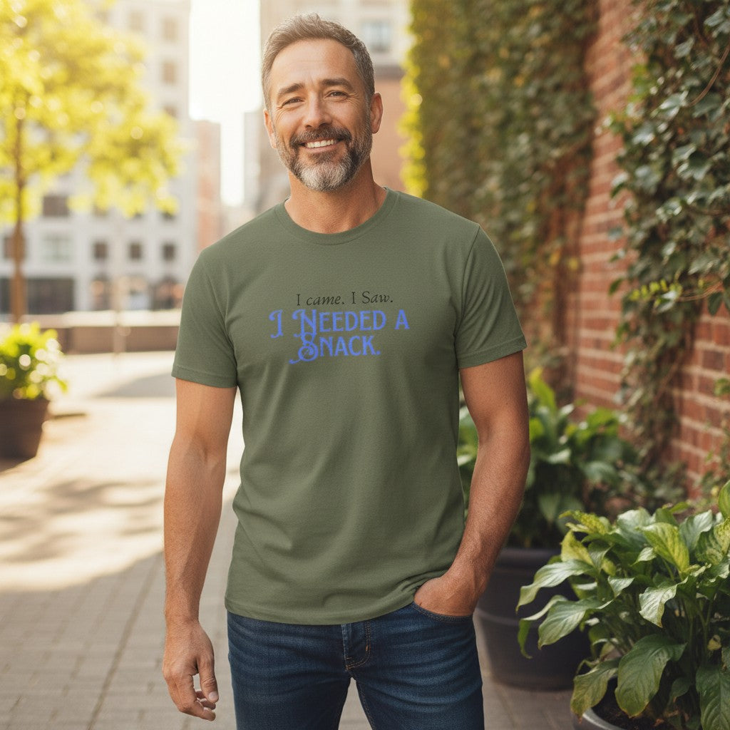 Jena Jewelry olive green 100% cotton t-shirt with blue text that reads "I came. I saw. I needed a snack."