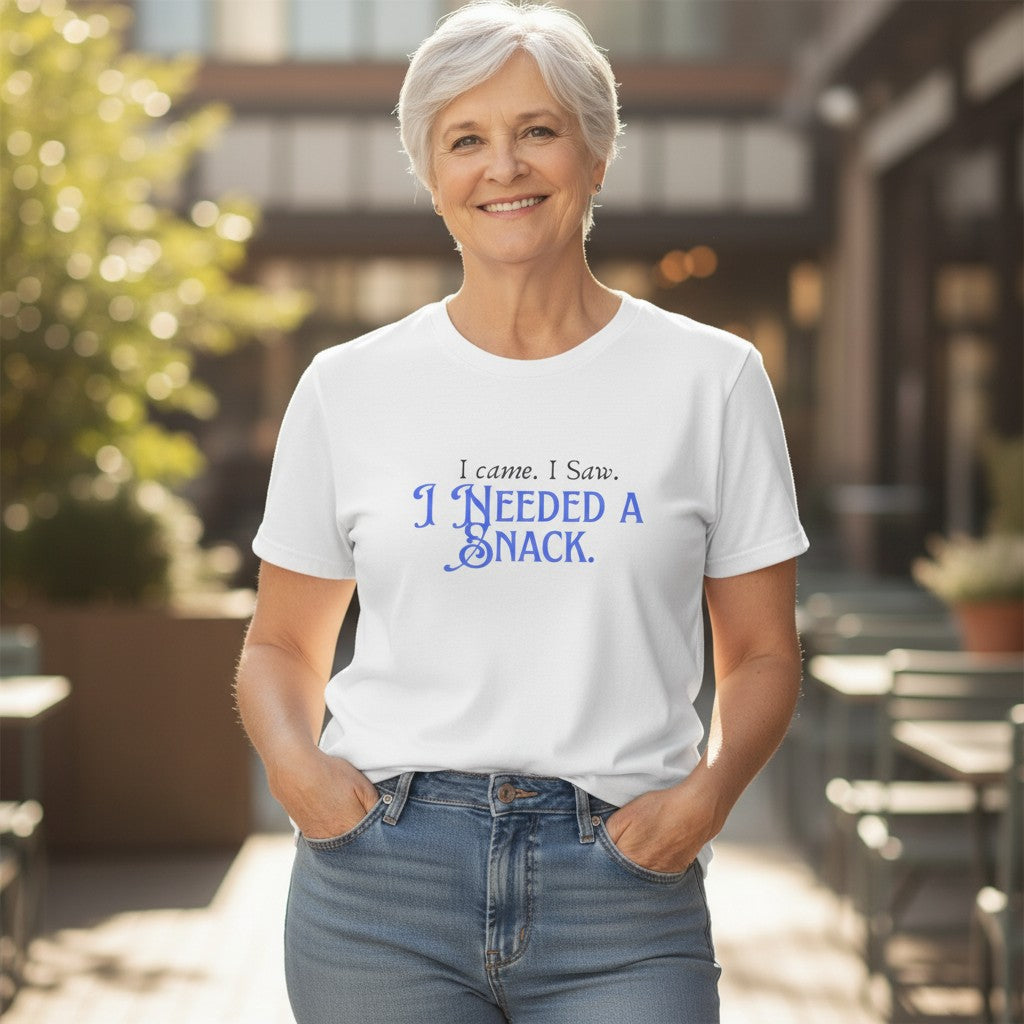 Jena Jewelry white 100% cotton t-shirt with blue text reading "I came. I saw. I needed a snack."
