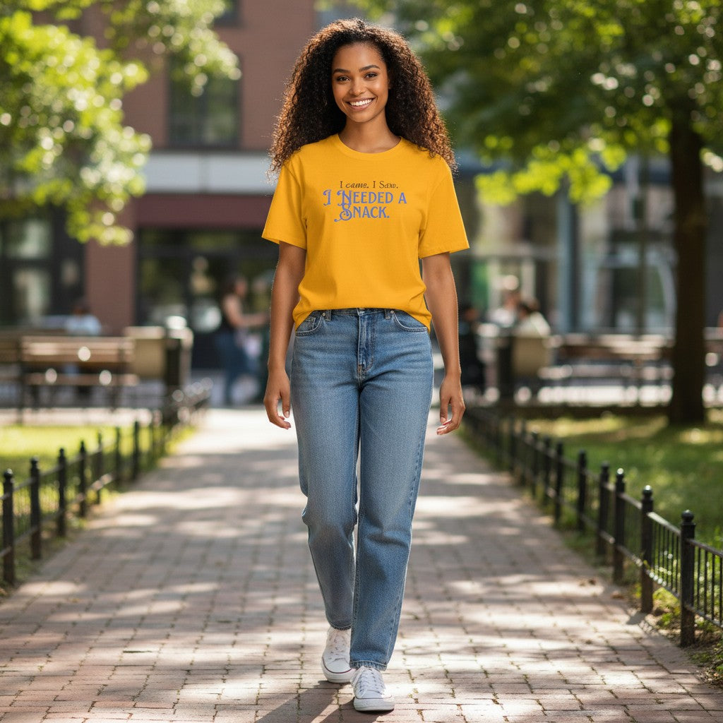 Jena Jewelry yellow 100% cotton t-shirt with blue text that reads "I came. I saw. I Needed a Snack."