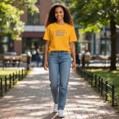 Jena Jewelry yellow 100% cotton t-shirt with blue text that reads "I came. I saw. I Needed a Snack."