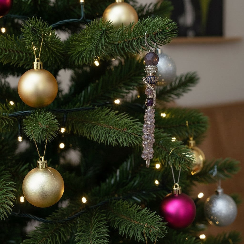 Jena Jewelry handcrafted festive icicle ornament with purple beads, silver wire, and charms hanging on a Christmas tree.
