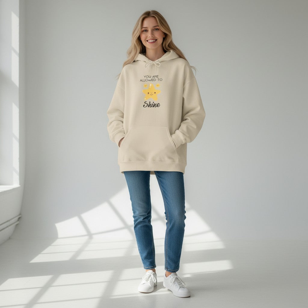 Jena Jewelry beige cotton-poly blend hoodie with a cute star graphic and "You Are Allowed To Shine" text.