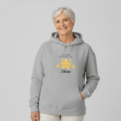 Jena Jewelry light grey cotton-poly blend hoodie with a cute star graphic and "You Are Allowed To Shine" text.