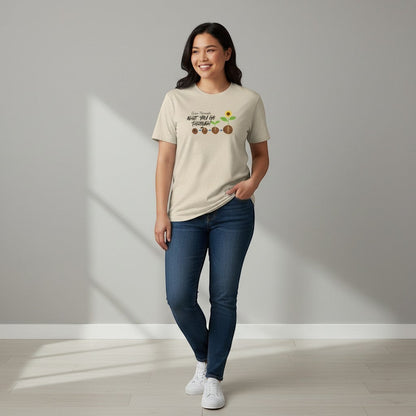 Jena Jewelry beige 100% cotton t-shirt with graphic of plant growth stages and text "Grow Through What You Go Through".