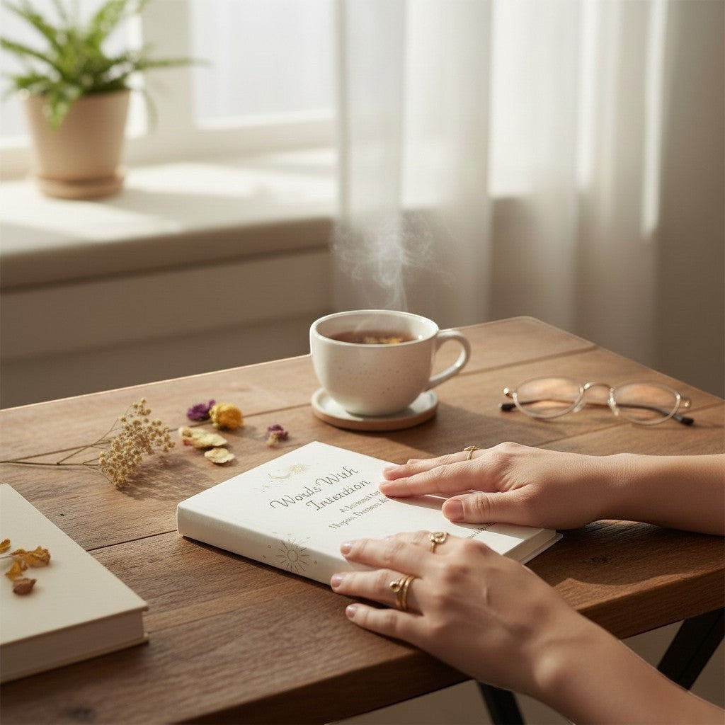 Jena Jewelry Intentional Living Journal, a hardcover book with a matte finish, featuring celestial designs and gold lettering for affirmations, manifestation, and gratitude.