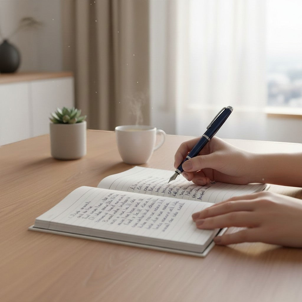 Jena Jewelry Intentional Living Journal, a hardcover notebook for mindful writing, gratitude, and affirmations, with a person writing in it.