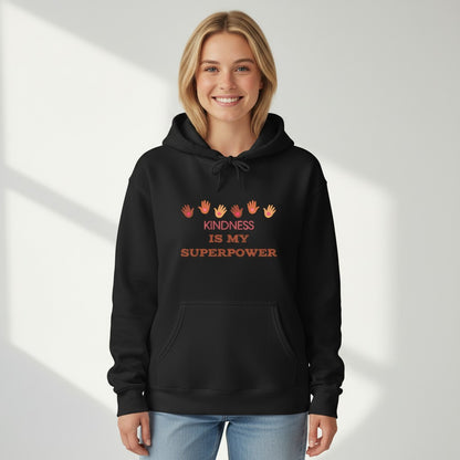 Jena Jewelry black cotton-poly blend hoodie with "Kindness Is My Superpower" graphic and handprints.