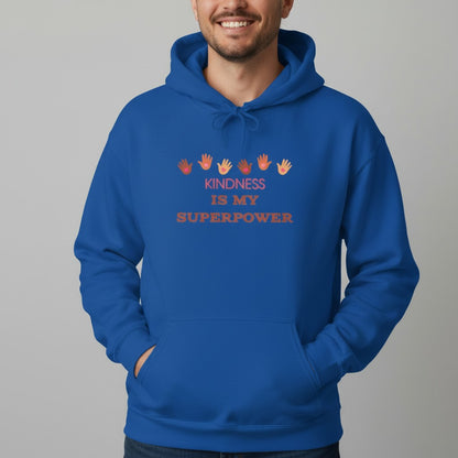 Jena Jewelry blue cotton-poly blend hoodie with "Kindness Is My Superpower" graphic and handprints.