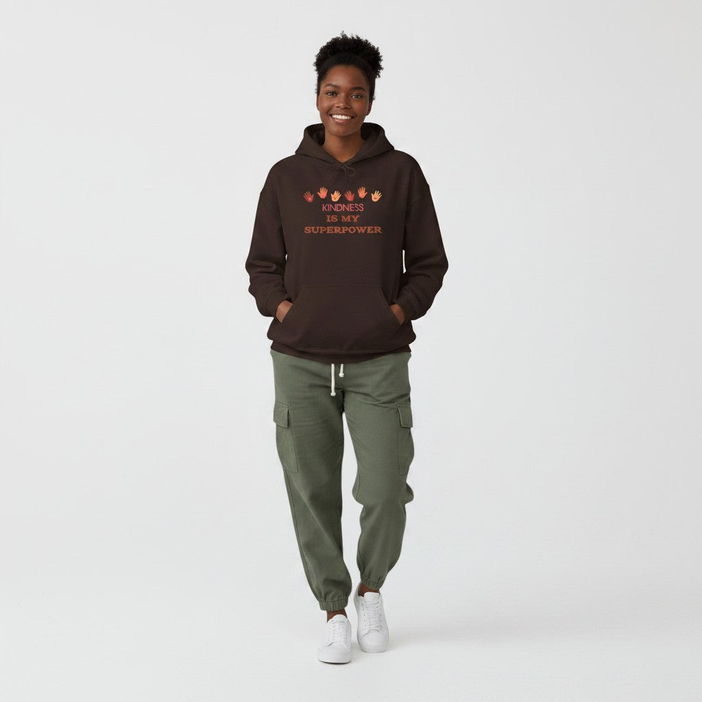 Jena Jewelry brown cotton-poly blend hoodie with "Kindness Is My Superpower" graphic and handprints.