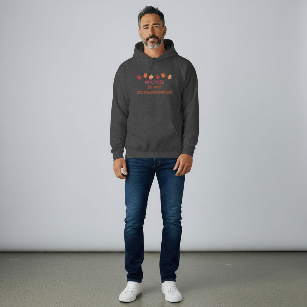 Dark grey cotton-poly blend hoodie with "KINDNESS IS MY SUPERPOWER" text and colorful handprints graphic.