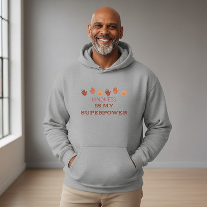 Jena Jewelry light grey cotton-poly blend hoodie with "KINDNESS IS MY SUPERPOWER" graphic and handprints.