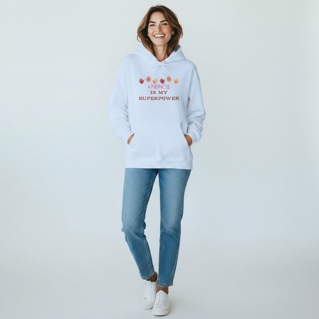 Jena Jewelry light blue cotton-poly blend hoodie with "KINDNESS IS MY SUPERPOWER" graphic and handprints.