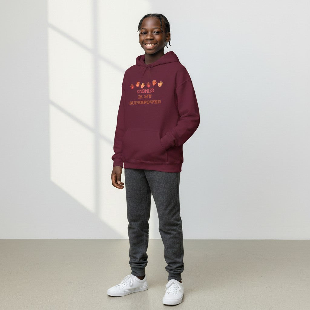 Jena Jewelry maroon cotton-poly blend hoodie with "Kindness Is My Superpower" graphic and handprints.