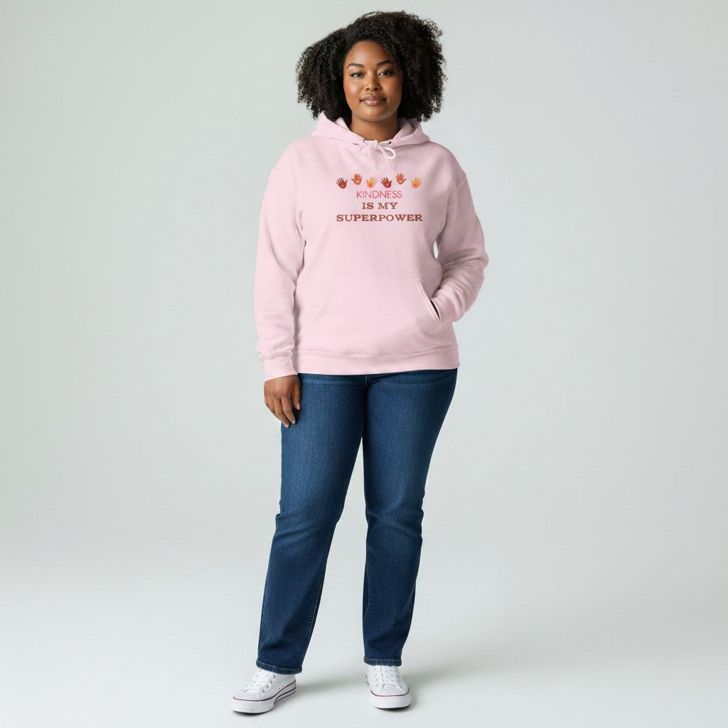 Jena Jewelry light pink cotton-poly blend hoodie with "KINDNESS IS MY SUPERPOWER" graphic and handprints.
