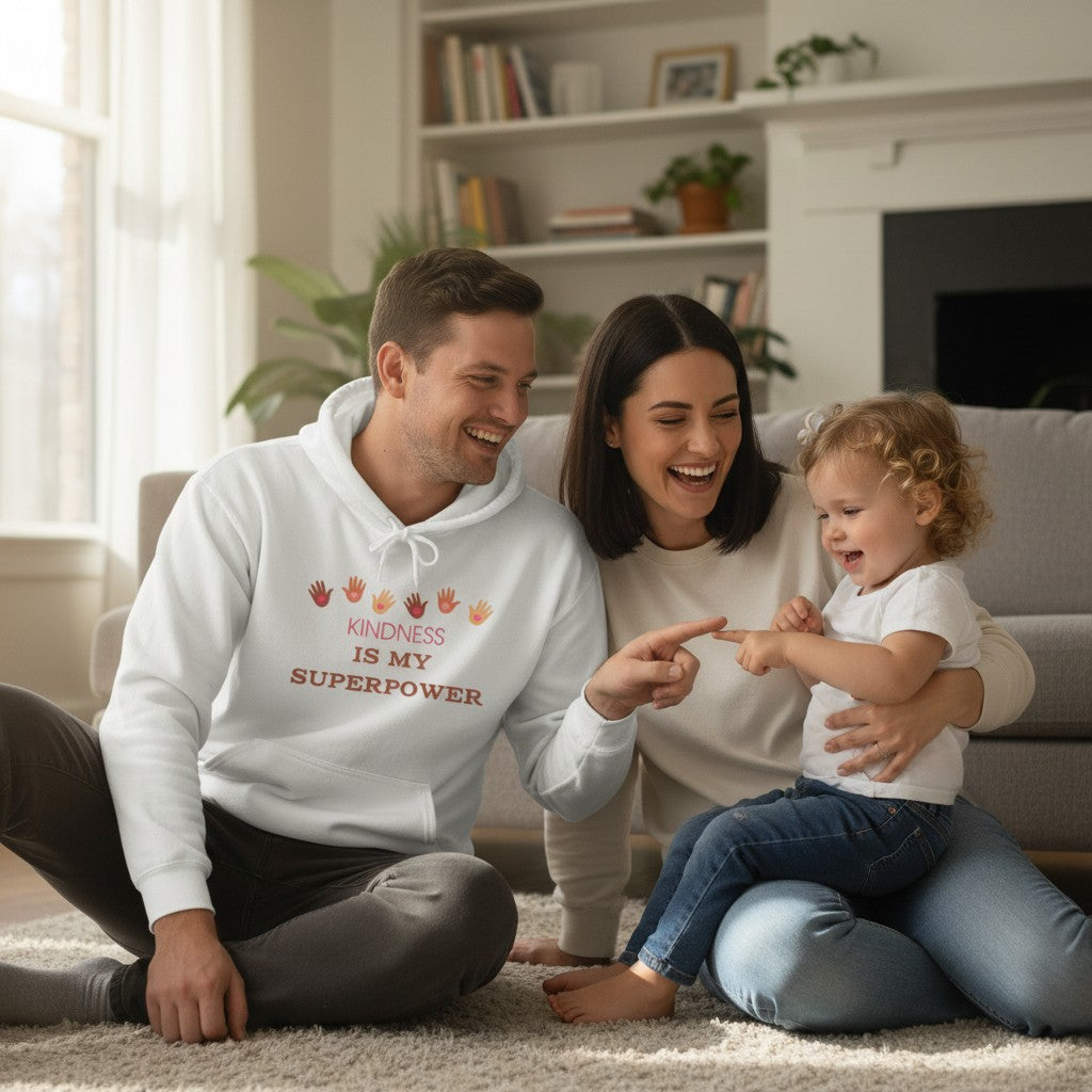White cotton-poly blend hoodie with "KINDNESS IS MY SUPERPOWER" graphic and handprints.