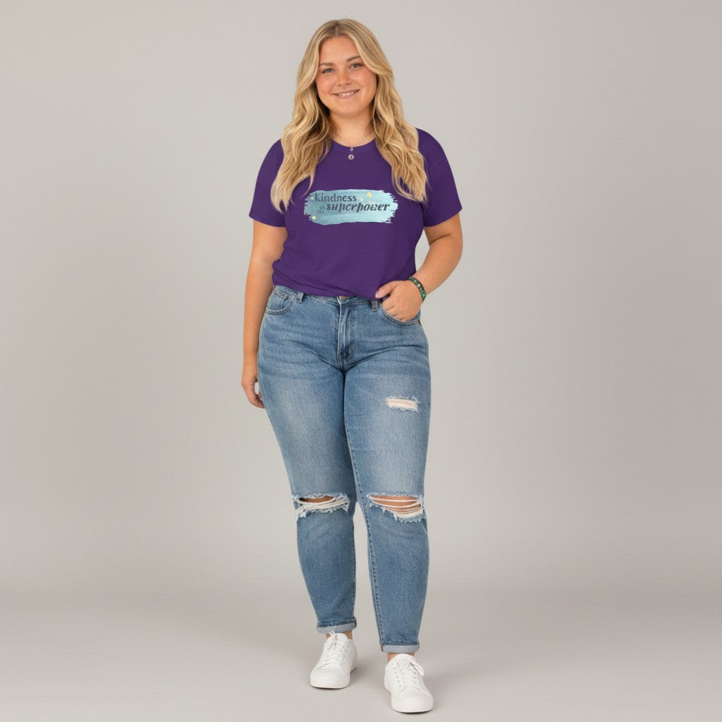 Jena Jewelry purple 100% cotton t-shirt with "Kindness is My Superpower" graphic in watercolor style.
