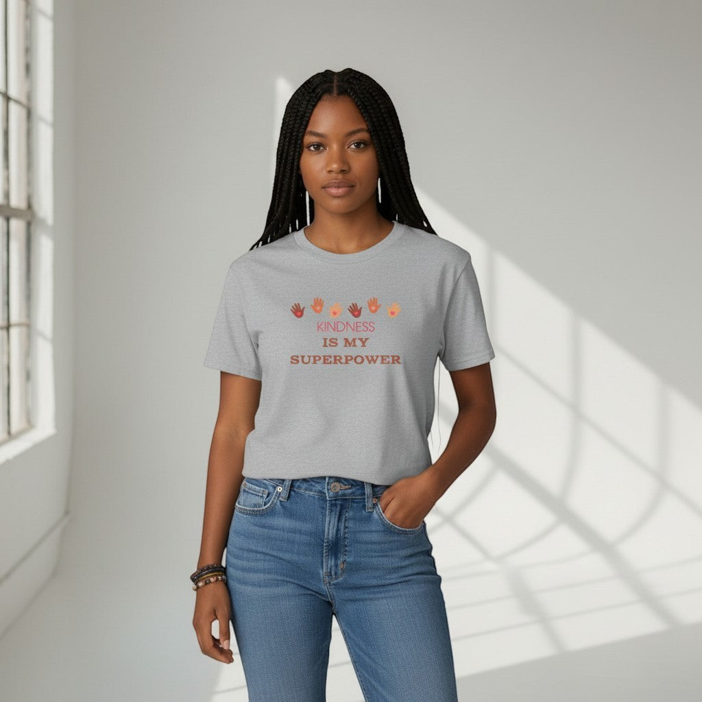 Jena Jewelry grey cotton t-shirt with colorful handprints and "Kindness Is My Superpower" graphic.