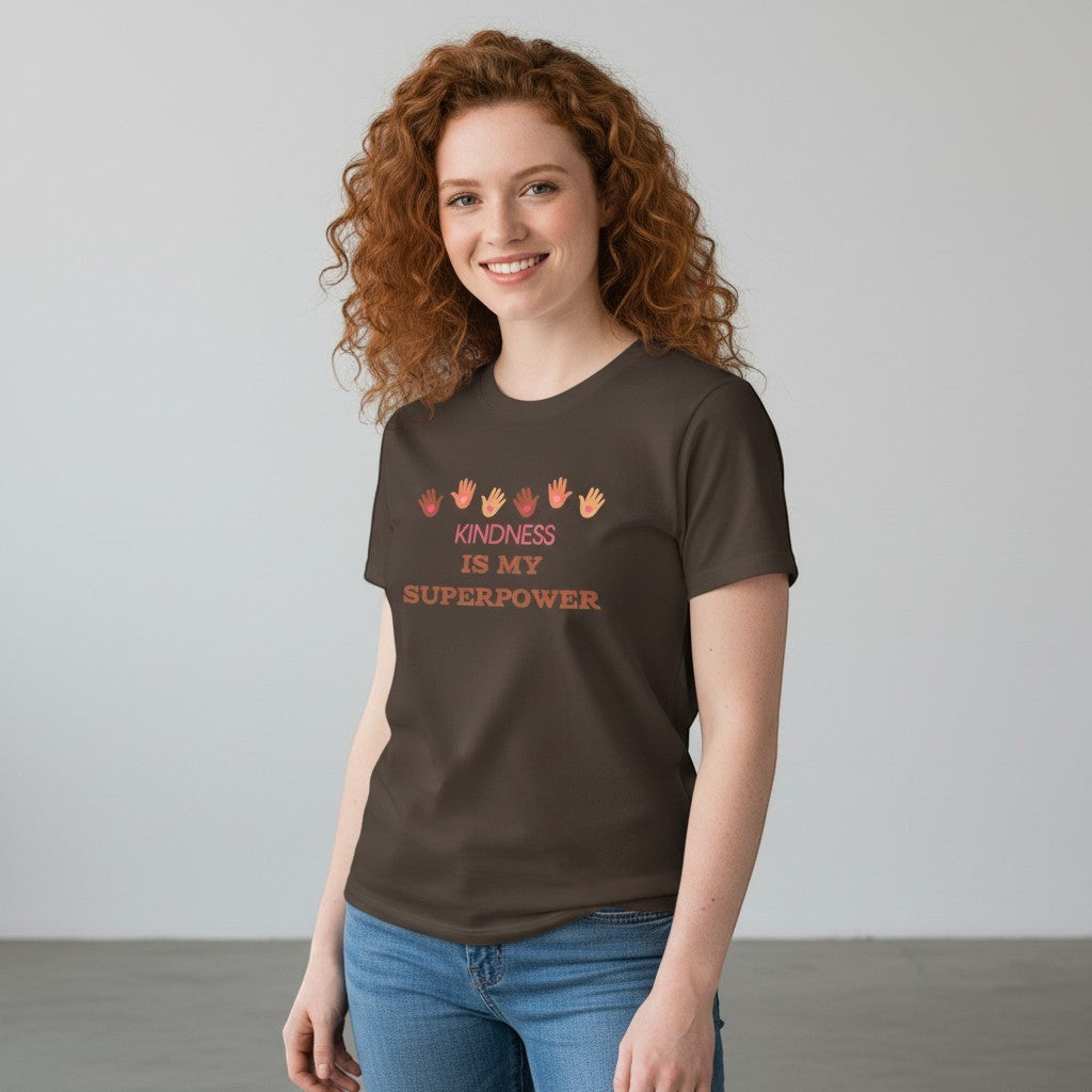 Jena Jewelry brown 100% cotton t-shirt with "KINDNESS IS MY SUPERPOWER" graphic and handprints.