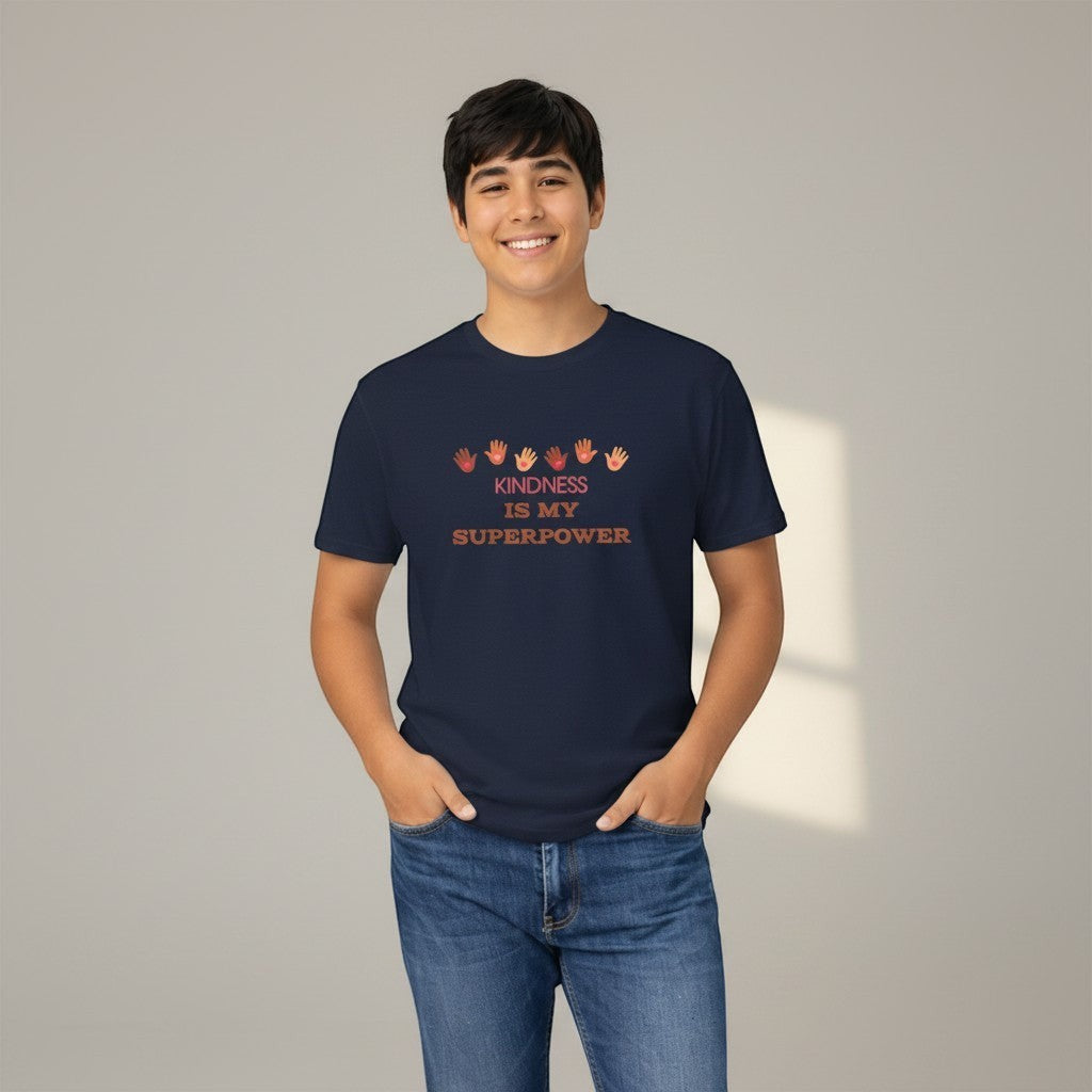 Jena Jewelry navy blue cotton t-shirt with "Kindness Is My Superpower" graphic and handprints.