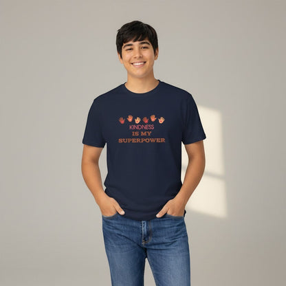 Jena Jewelry navy blue cotton t-shirt with "Kindness Is My Superpower" graphic and handprints.