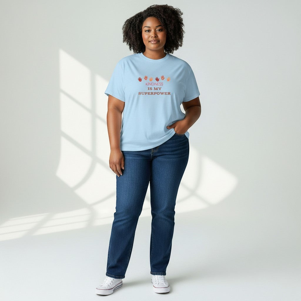 Jena Jewelry light blue 100% cotton t-shirt with "Kindness Is My Superpower" graphic and handprints.