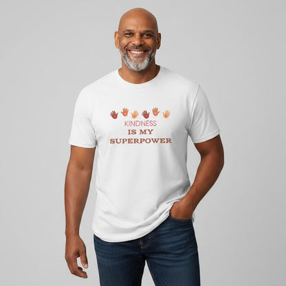 Jena Jewelry white cotton t-shirt with a graphic print of colorful handprints and the text "KINDNESS IS MY SUPERPOWER".