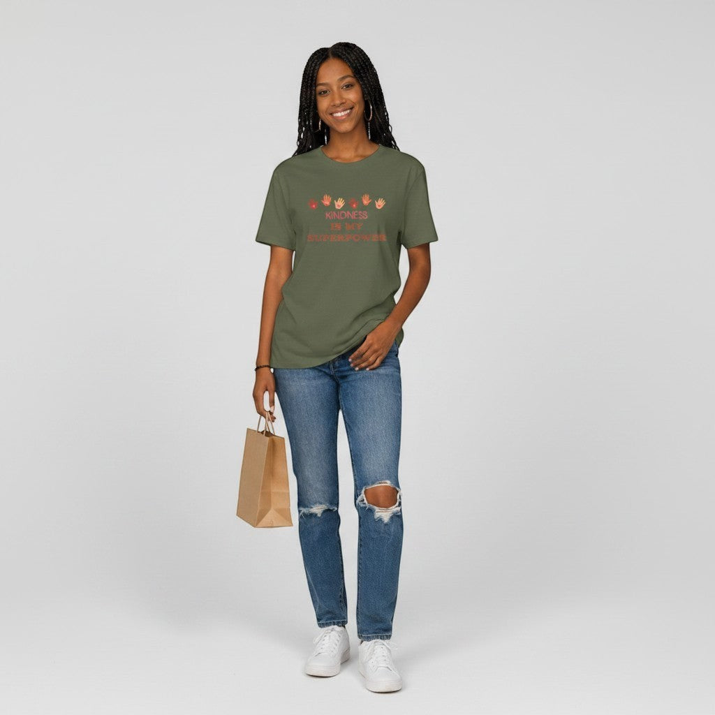 Jena Jewelry olive green cotton t-shirt with "Kindness Is My Superpower" graphic and handprints.