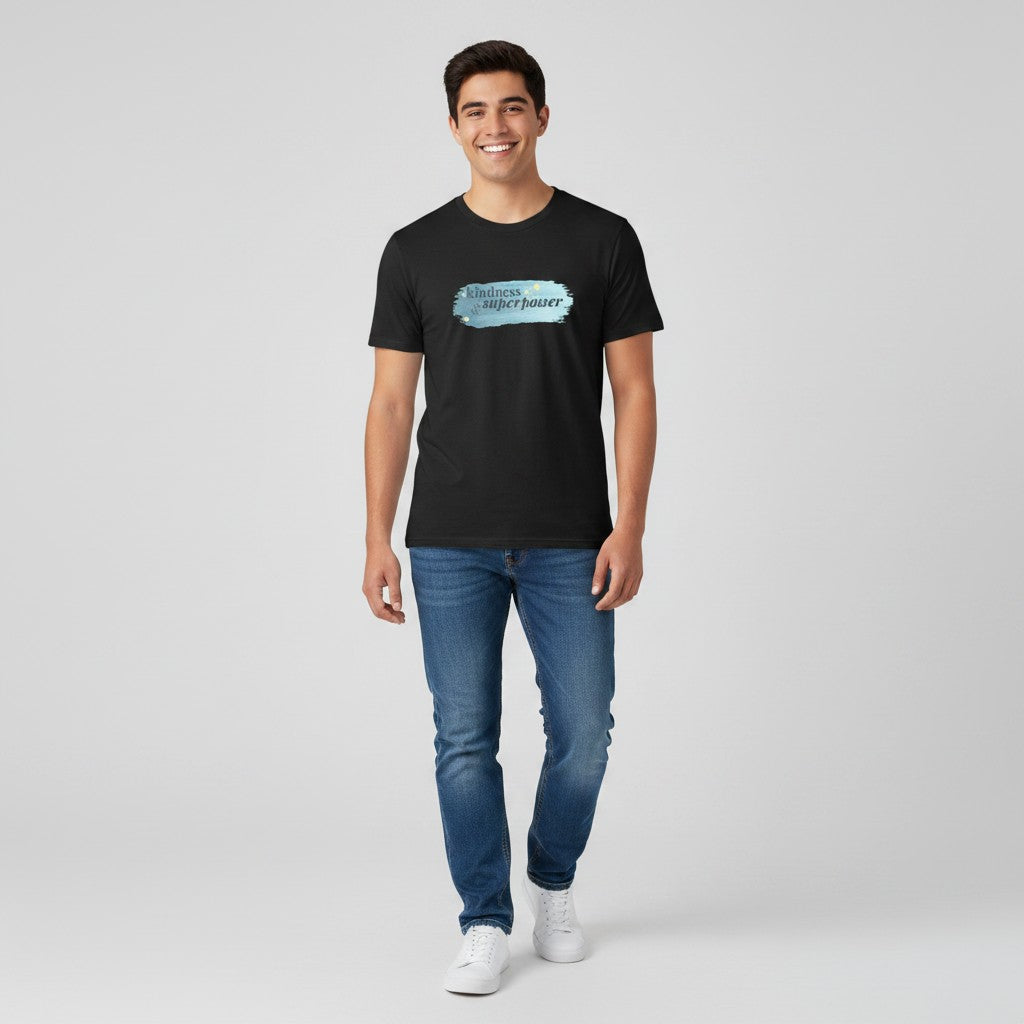 Jena Jewelry black 100% cotton t-shirt with watercolor graphic that says "kindness is my superpower".