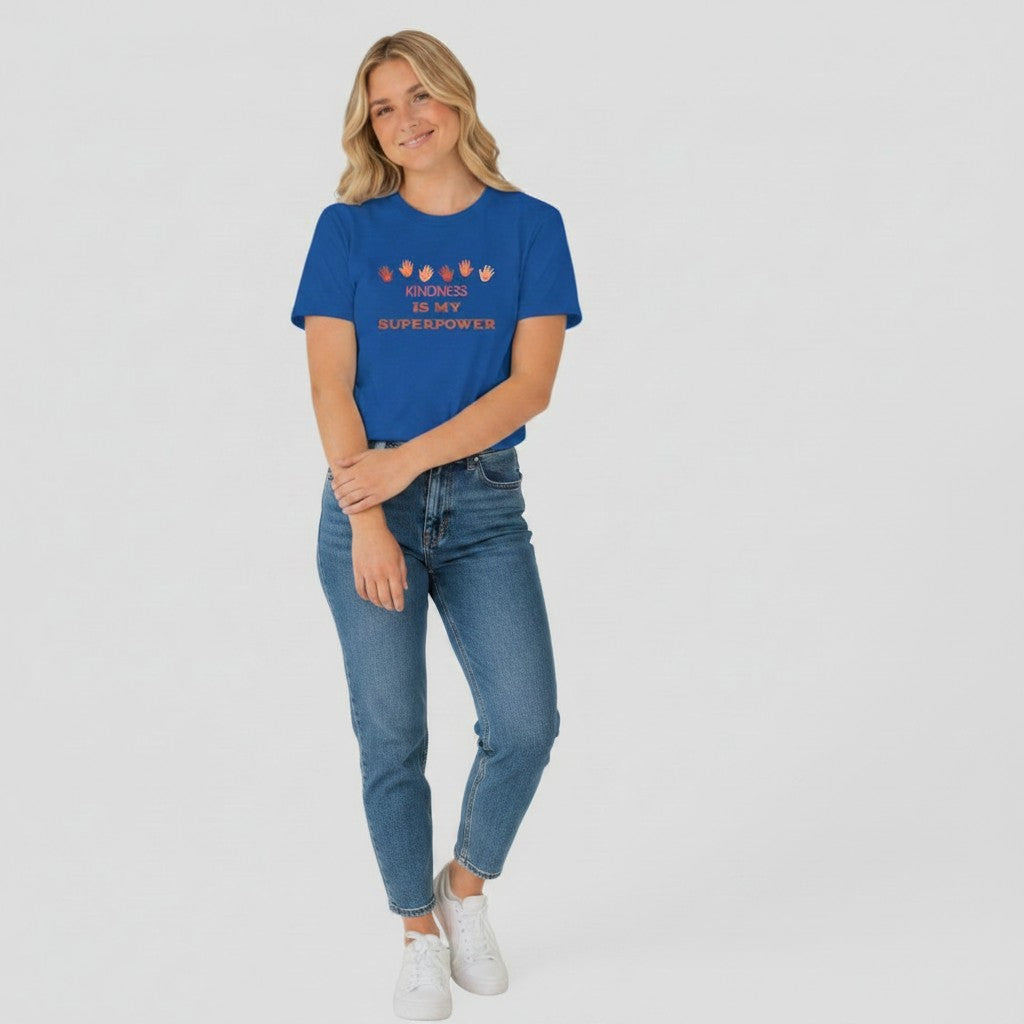 Jena Jewelry blue cotton t-shirt with "Kindness Is My Superpower" graphic and handprints.