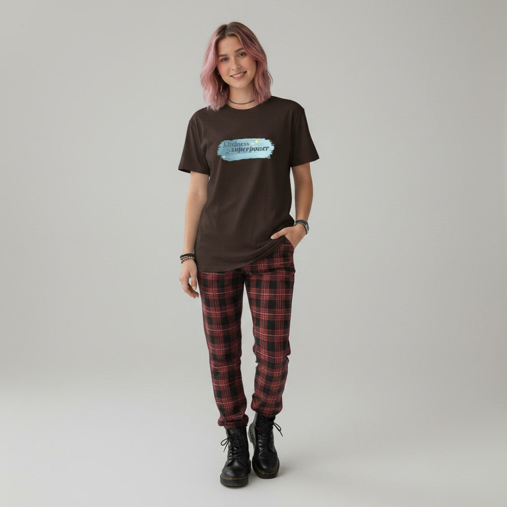Jena Jewelry brown 100% cotton t-shirt with "kindness is my superpower" watercolor graphic. Relaxed fit, crew neck.