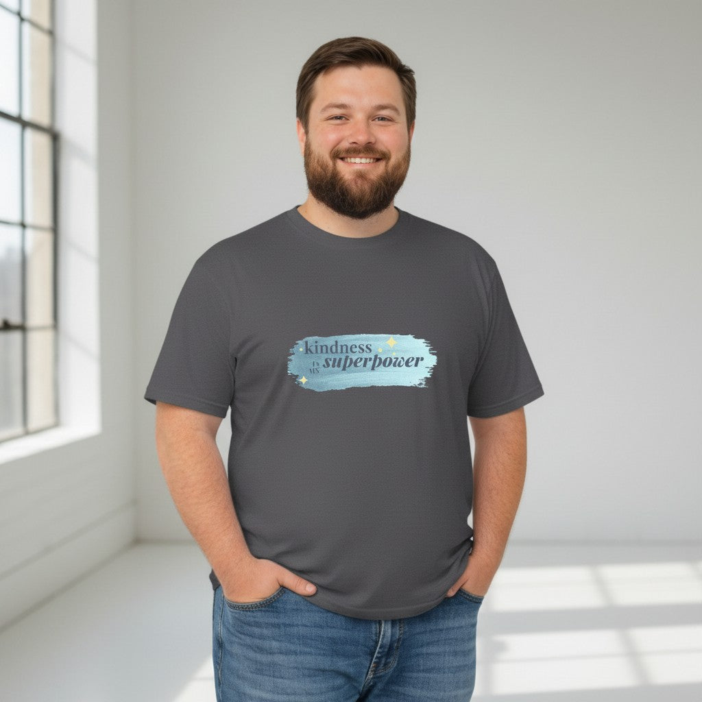 Jena Jewelry dark grey 100% cotton t-shirt with "Kindness is my superpower" watercolor graphic.