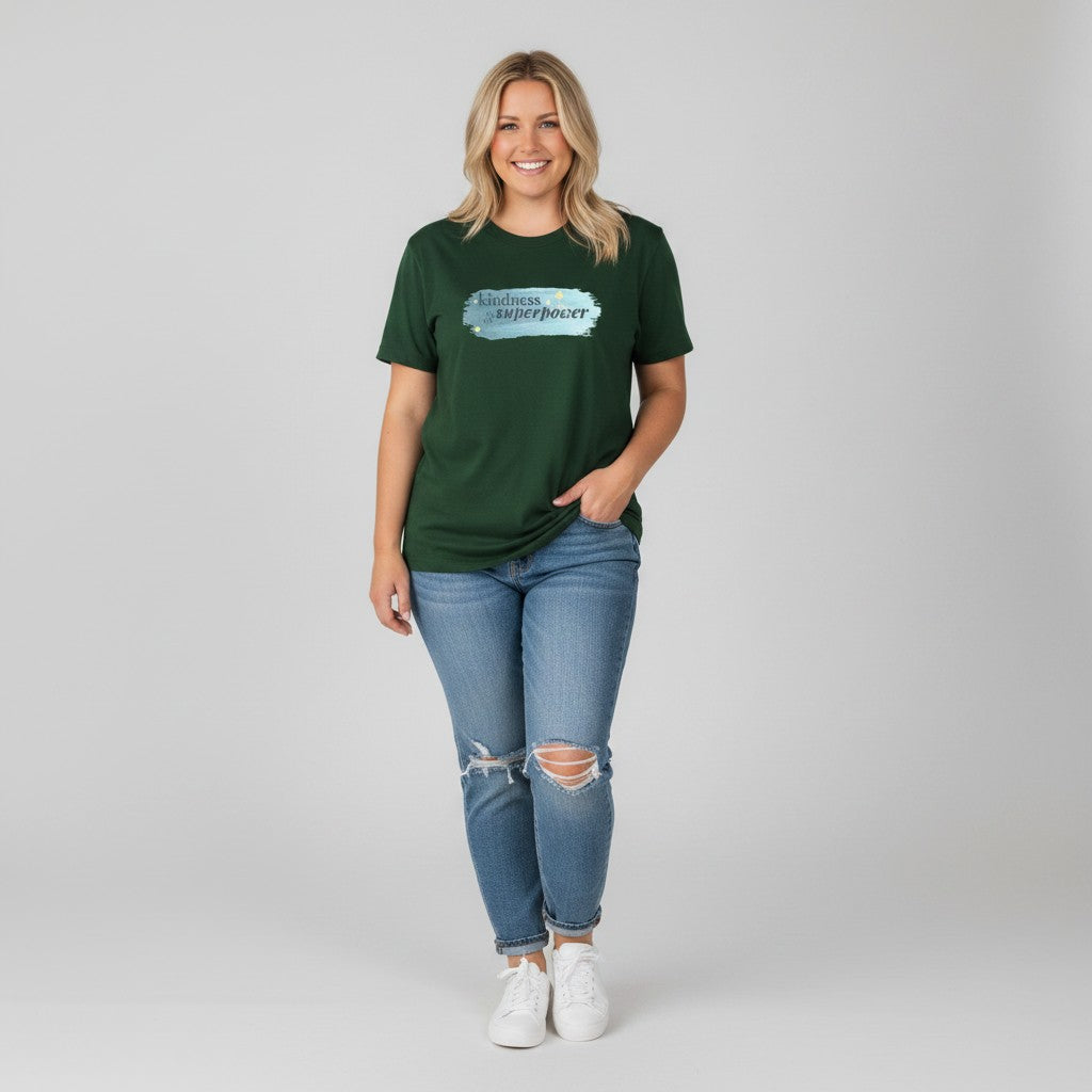 Jena Jewelry dark green 100% cotton t-shirt with "Kindness is My Superpower" graphic in watercolor style.