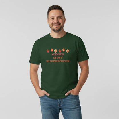 Jena Jewelry dark green cotton t-shirt with "Kindness Is My Superpower" graphic and handprints.
