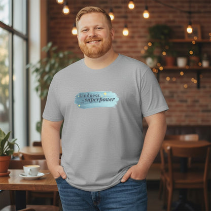Jena Jewelry grey 100% cotton t-shirt with "kindness is superpower" watercolor graphic. Relaxed fit, crew neck.