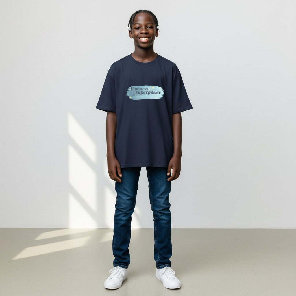 Jena Jewelry navy blue 100% cotton t-shirt with "kindness is my superpower" graphic in watercolor style.