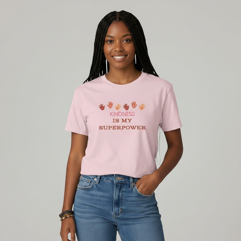 Jena Jewelry pink cotton t-shirt with "Kindness Is My Superpower" graphic and handprints.