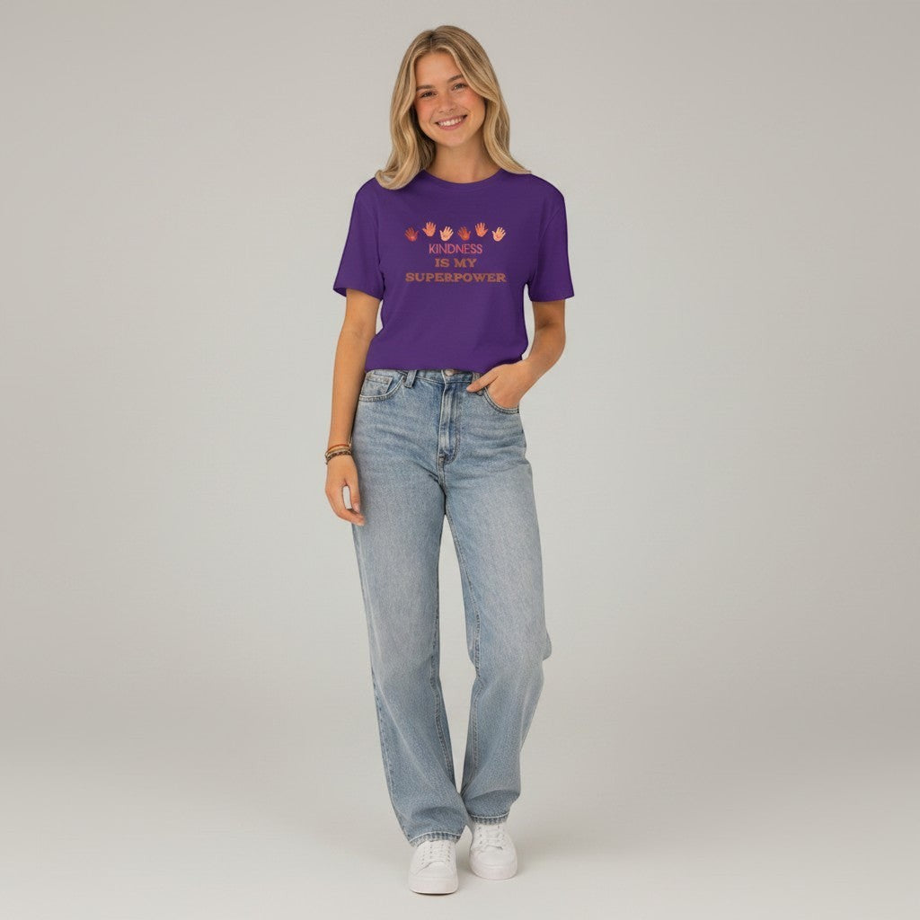 Jena Jewelry purple cotton t-shirt with "Kindness Is My Superpower" graphic and handprints.