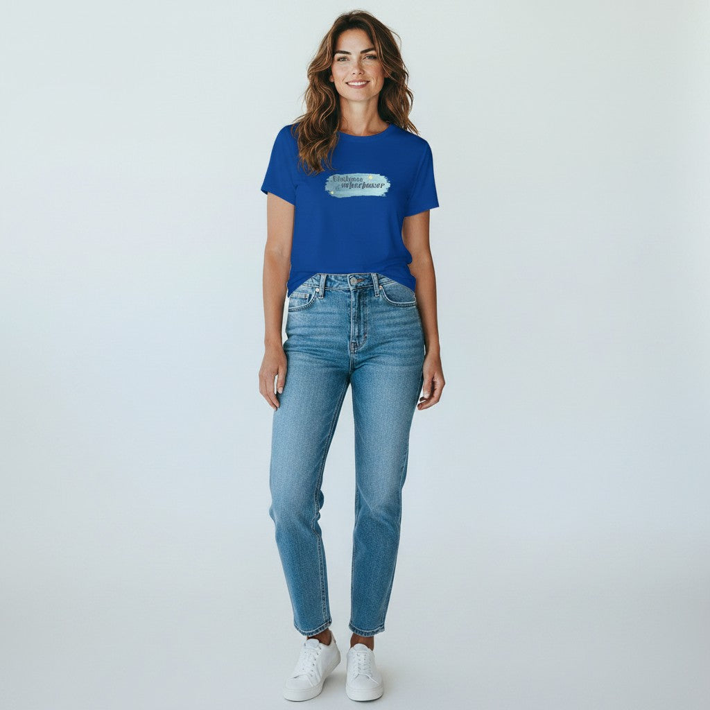 Jena Jewelry royal blue 100% cotton t-shirt with "Kindness is My Superpower" graphic in watercolor style.