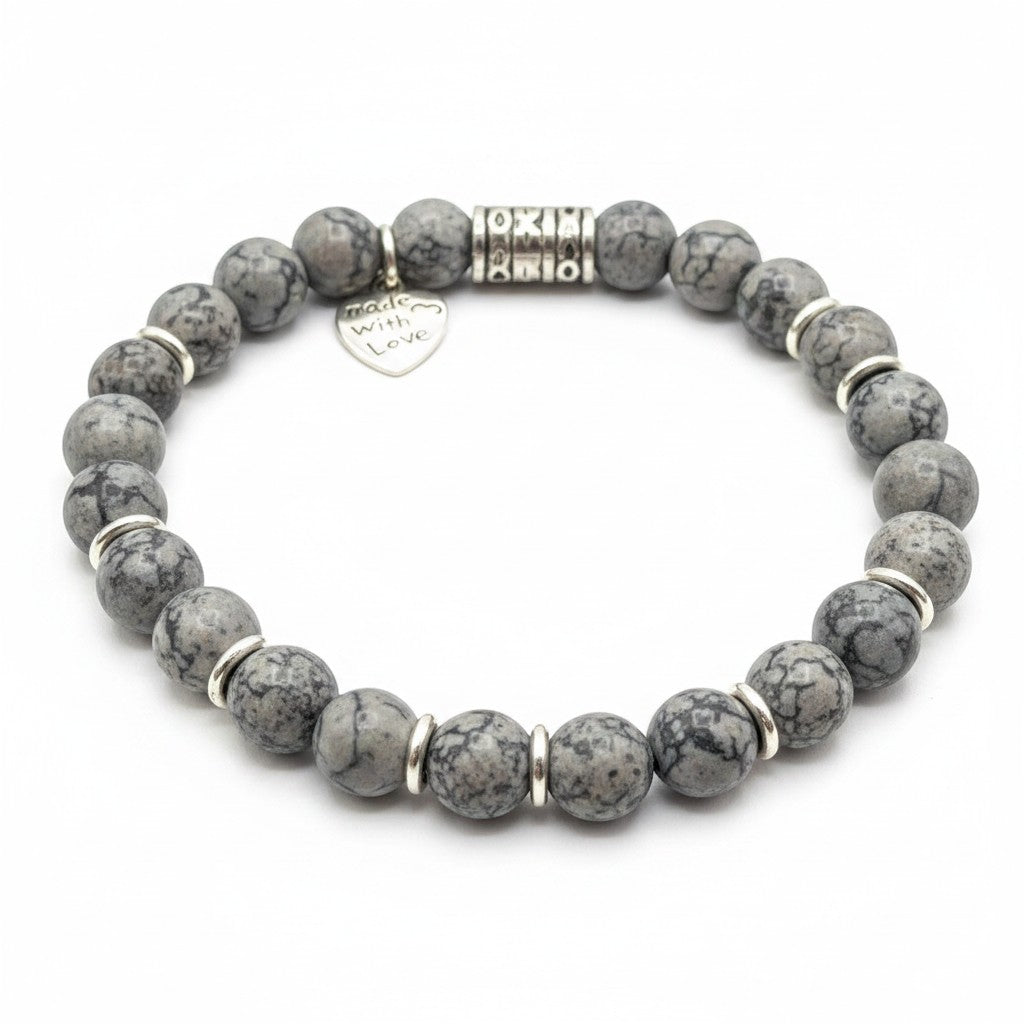 Jena Jewelry grey beaded stretch bracelet with hematite disk and heart charm engraved "Made With Love".