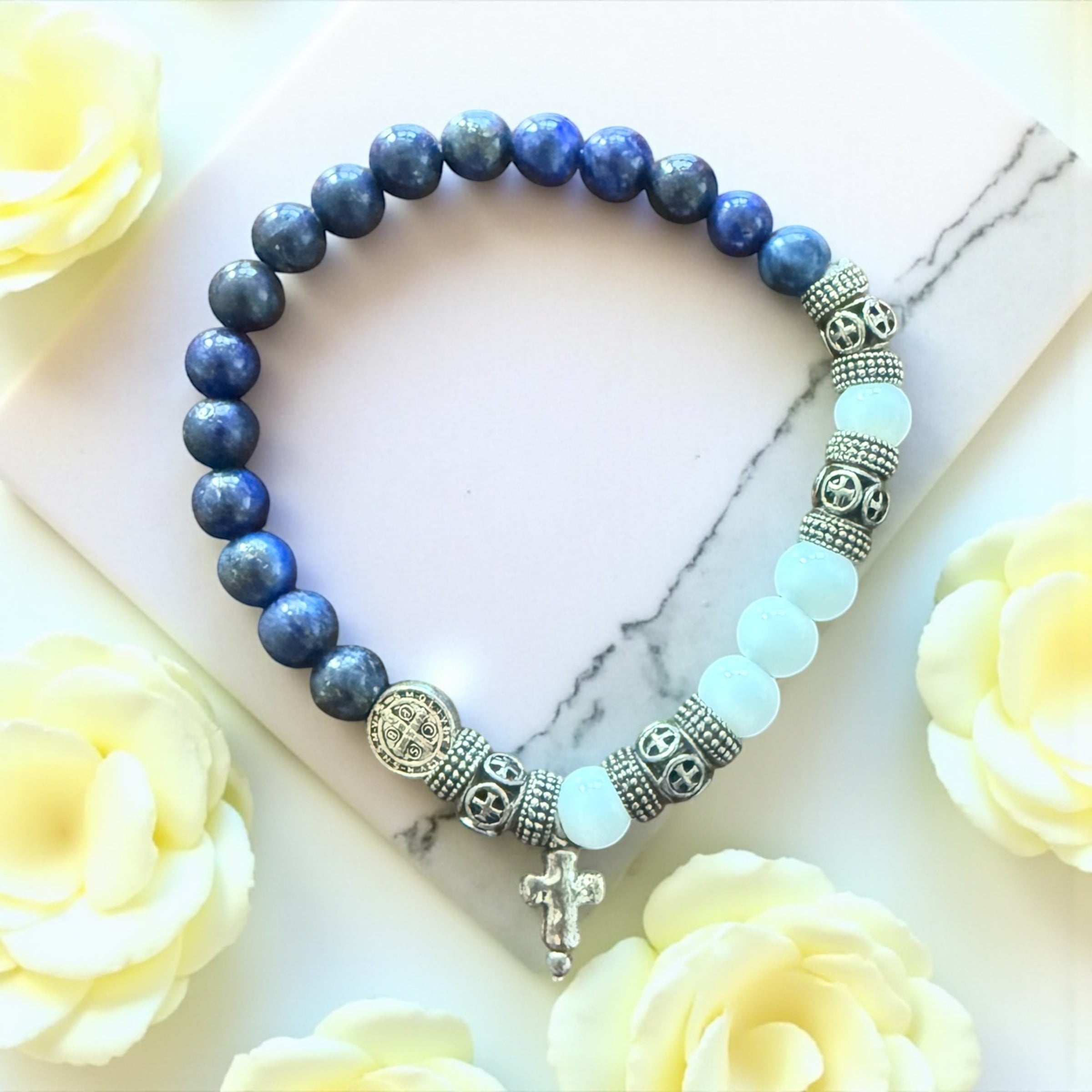 Jena Jewelry blue lapis lazuli and snow jade rosary bracelet with silver cross and medal