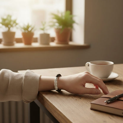 Jena Jewelry lava stone and howlite stretch bracelet on a woman's wrist, paired with a notebook and tea.