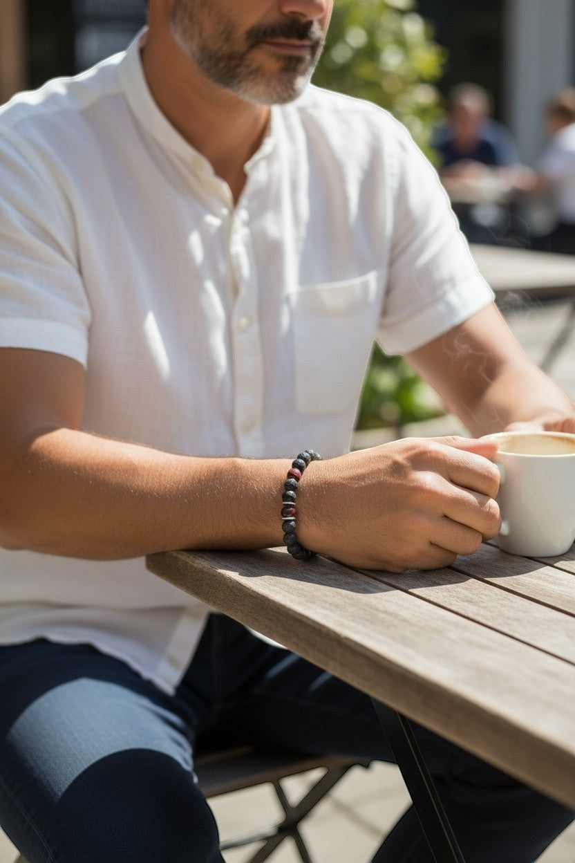 Jena Jewelry men's stretch bracelet with lava stone, red tiger eye, and hematite beads, worn by a man in a white shirt.
