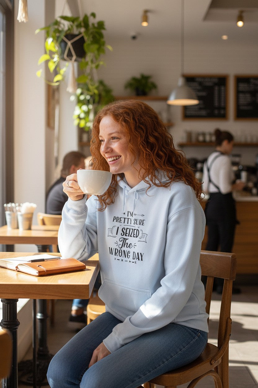 Light blue cotton-poly blend hoodie with a funny quote "I'm Pretty Sure I Seized the Wrong Day" printed on the chest. Model is wearing jeans and holding a mug.