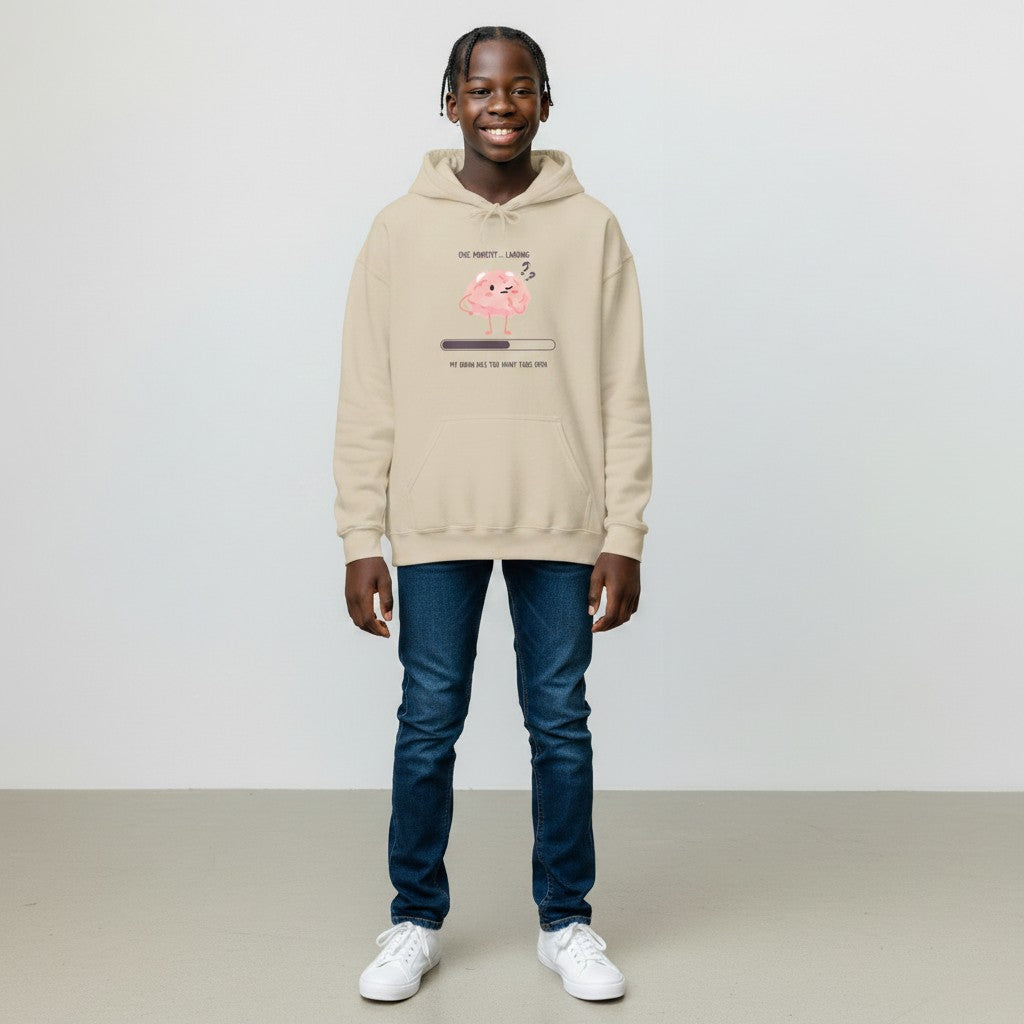 Jena Jewelry beige cotton-poly blend hoodie with a cute pink brain graphic and loading bar that says "My Brain Has Too Many Tabs Open."