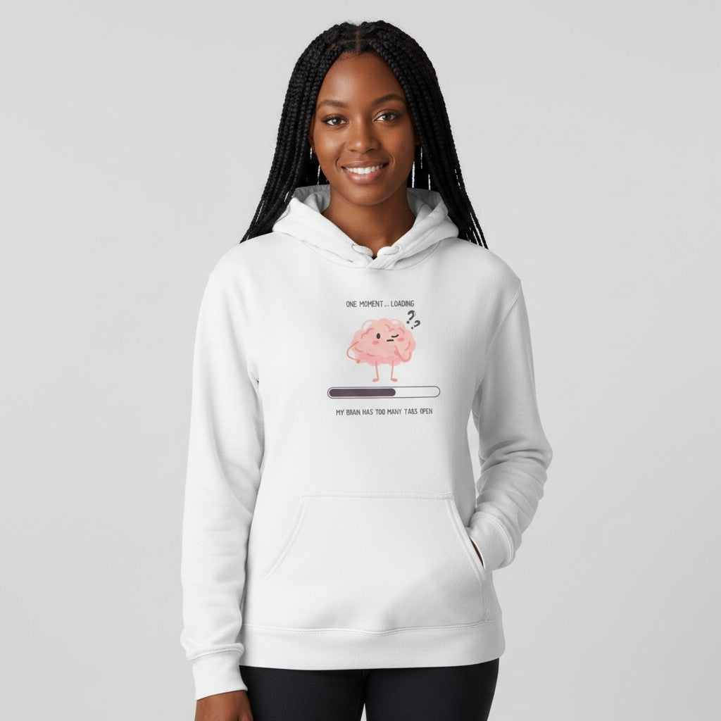 Jena Jewelry white cotton-poly blend hoodie with a cute pink brain graphic and loading bar that reads "My brain has too many tabs open."