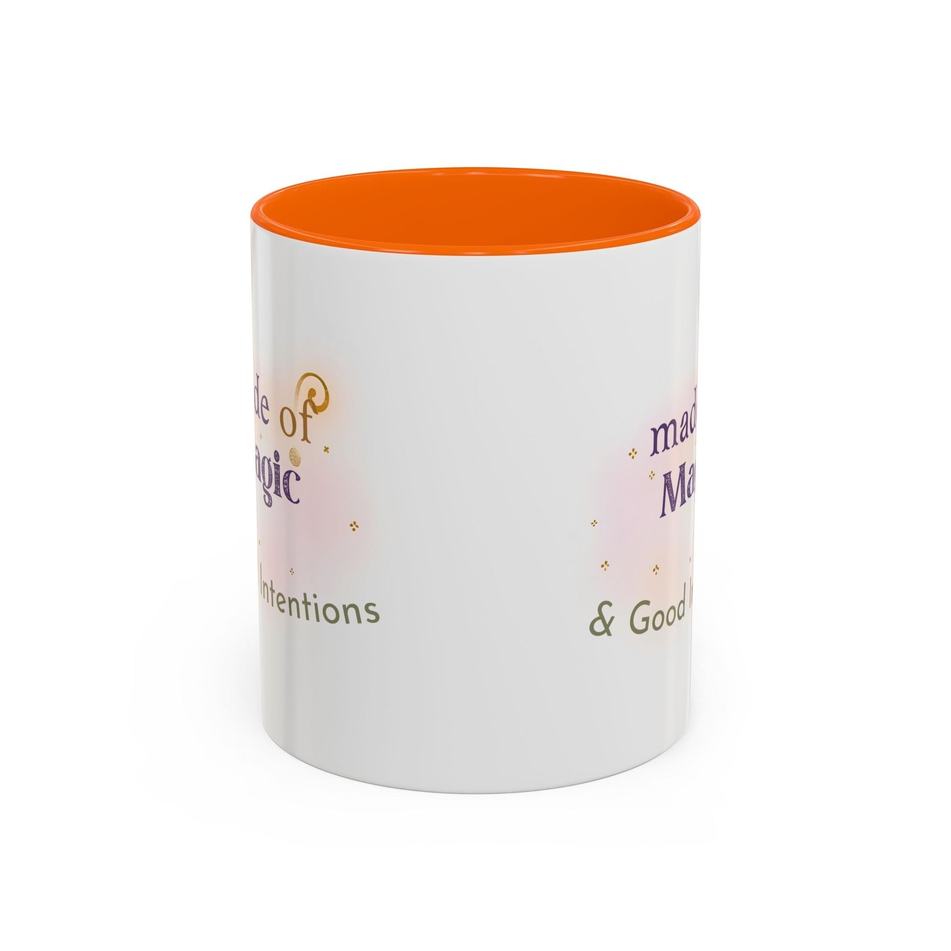 Jena Jewelry white ceramic mug with orange interior, featuring "Made of Magic" text and watercolor accents for positive energy and self-love.