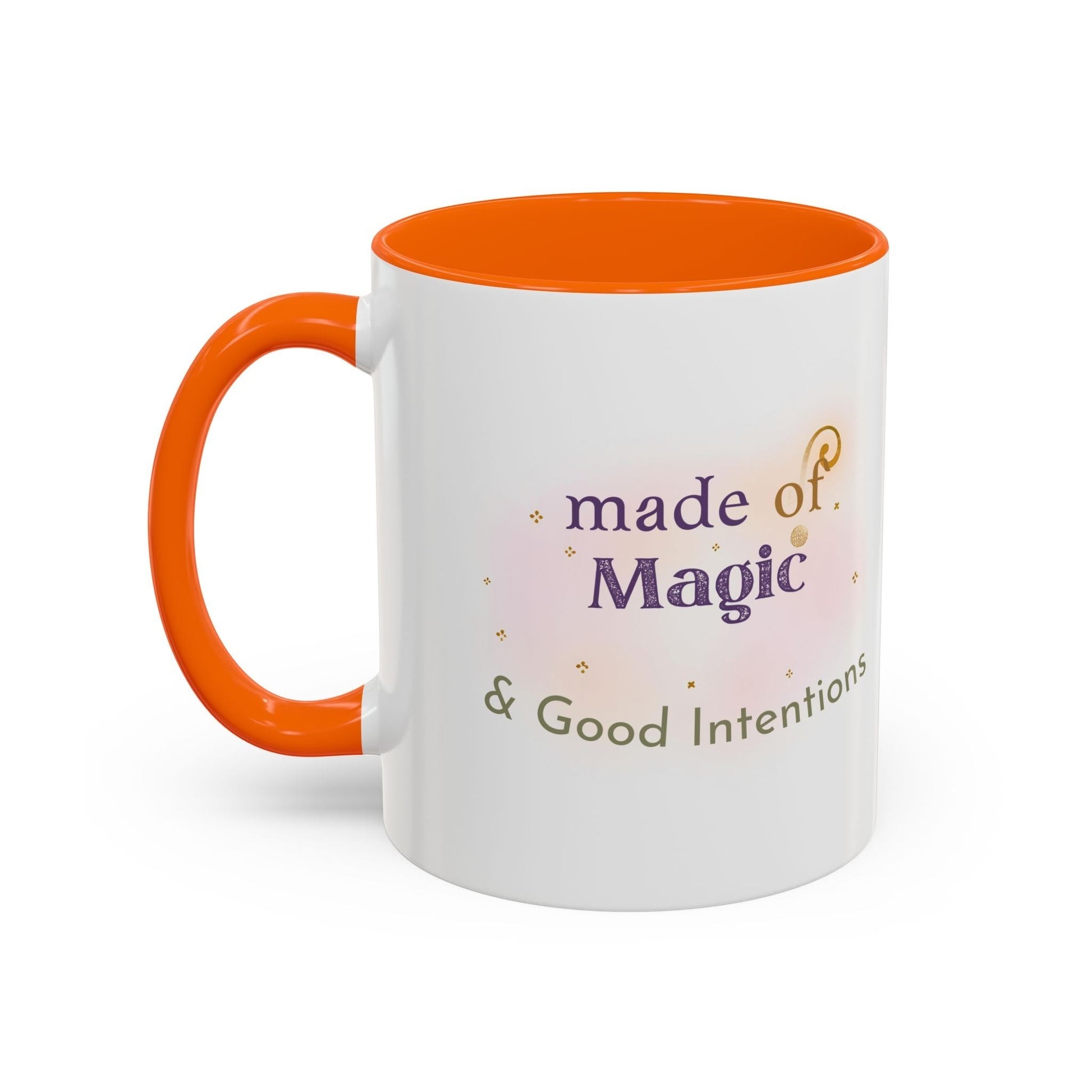 Jena Jewelry white ceramic mug with orange interior and handle, featuring "made of Magic & Good Intentions" text.