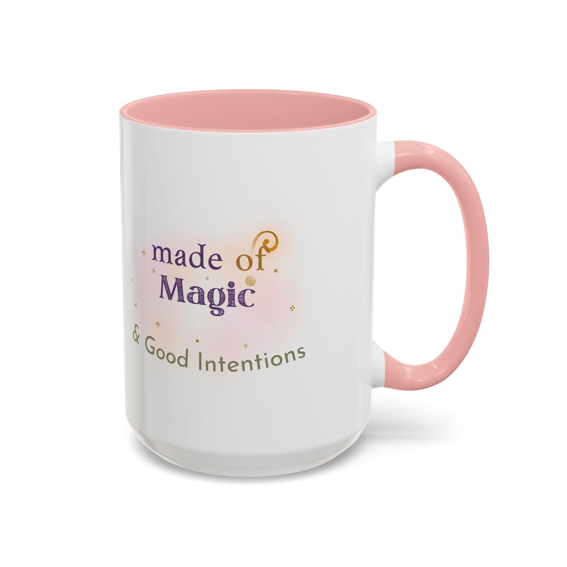 Jena Jewelry white ceramic mug with pink interior and handle, featuring "made of Magic & Good Intentions" text and watercolor design.